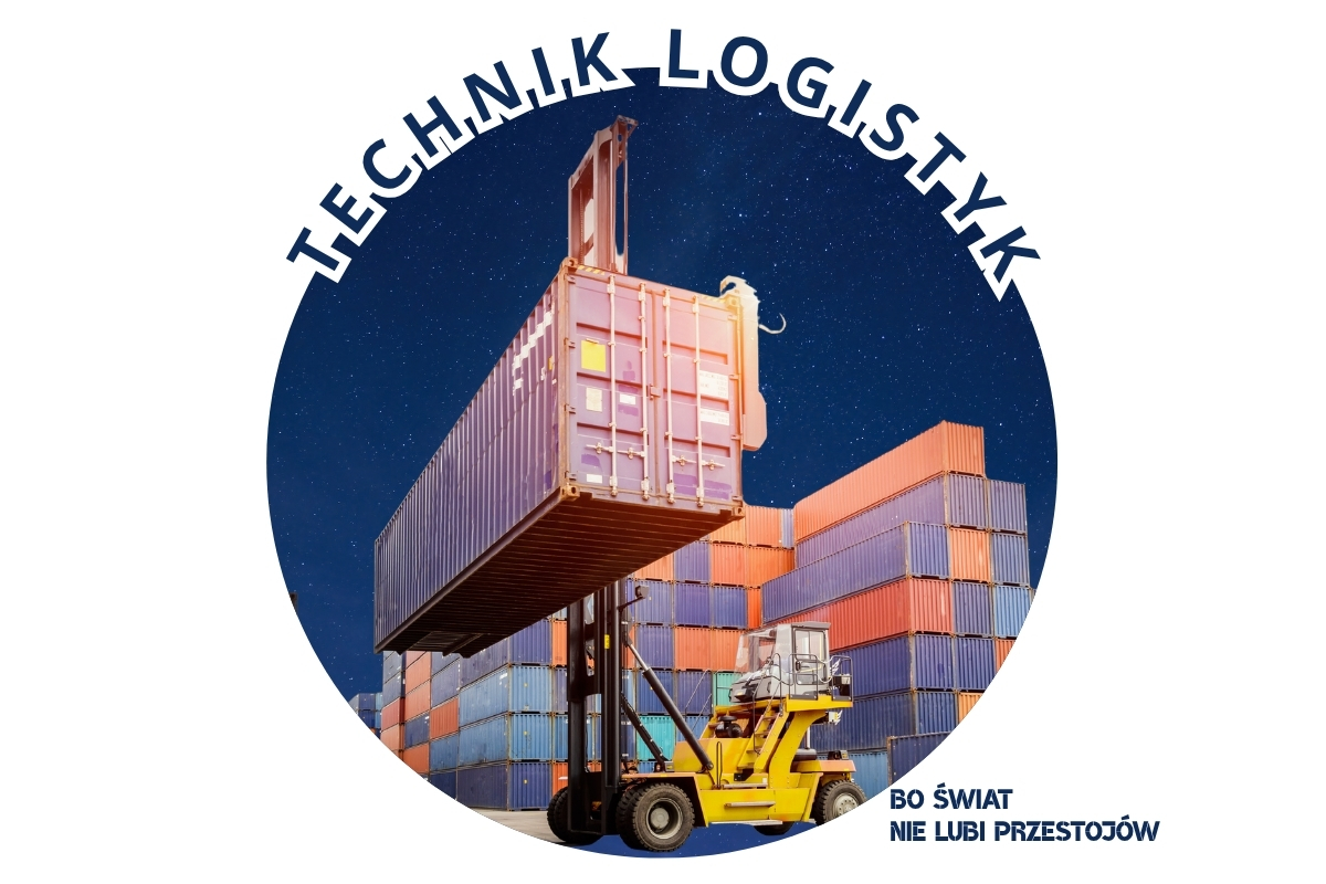 Napis technik logistyk - pod napisem dźwig z kontenerem.